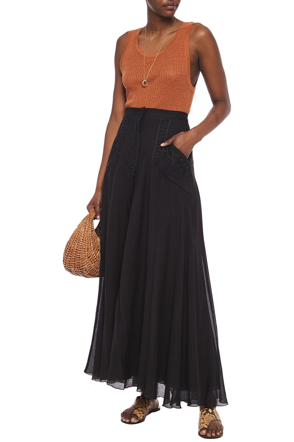 CHARO RUIZ IBIZA Zuri crocheted lace-trimmed cotton-blend voile maxi skirt