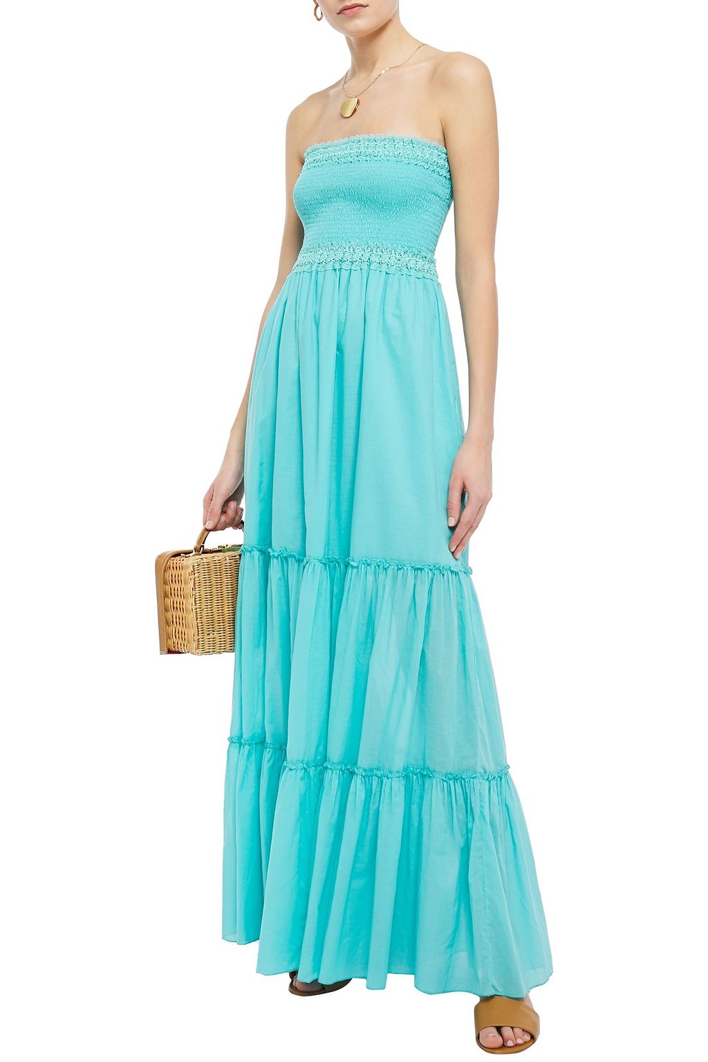 CHARO RUIZ IBIZA Strapless crocheted lace-trimmed shirred cotton-blend voile maxi dress