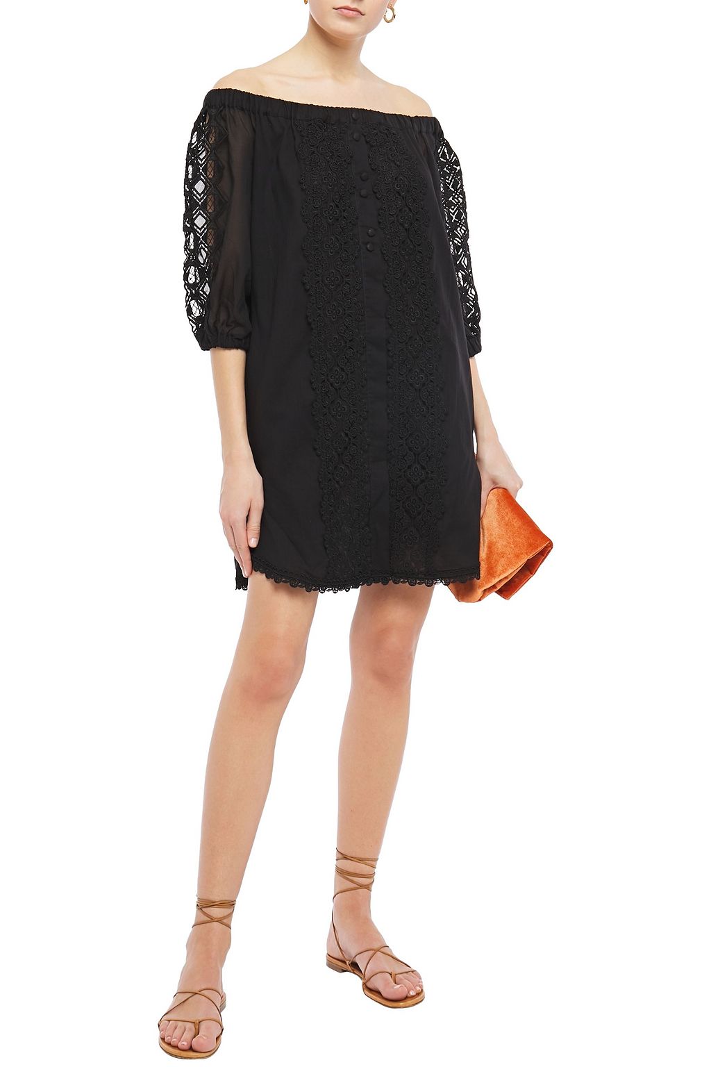 CHARO RUIZ IBIZA Off-the-shoulder crocheted lace-paneled cotton-blend voile mini dress