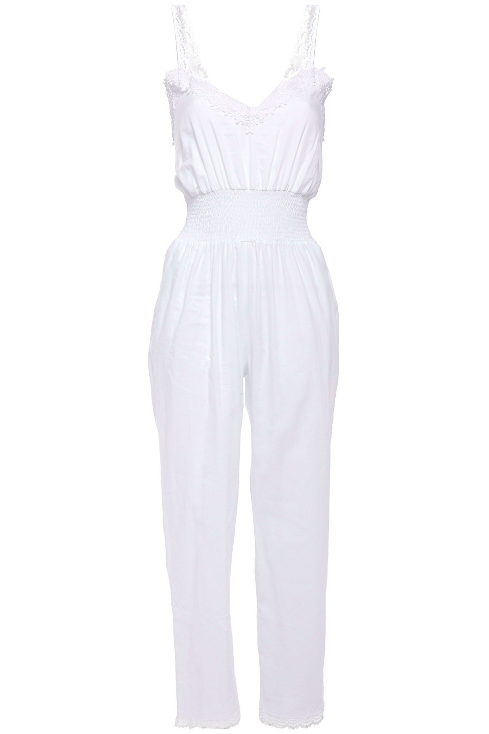 Charo Ruiz Ibiza Woman Guipure Lace-trimmed Shirred Cotton-blend Mousseline Jumpsuit White Size M