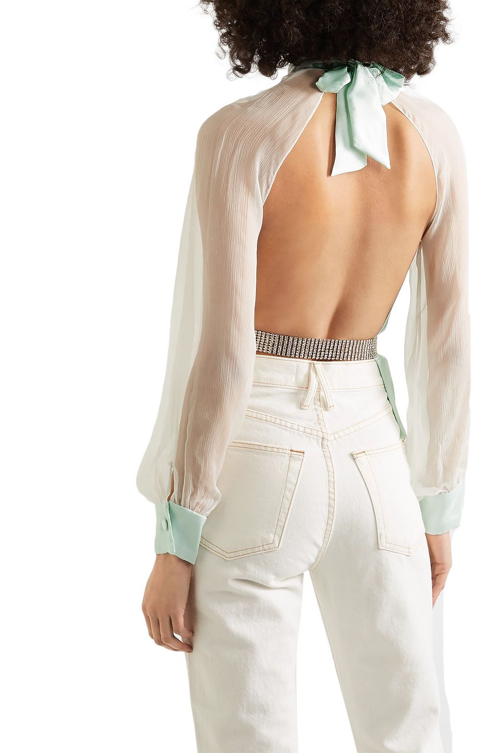 HARMUR Open-back belted silk-satin and crepon blouse