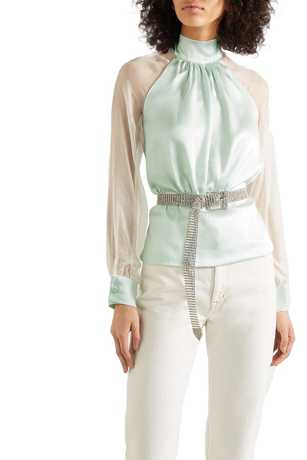 HARMUR Open-back belted silk-satin and crepon blouse