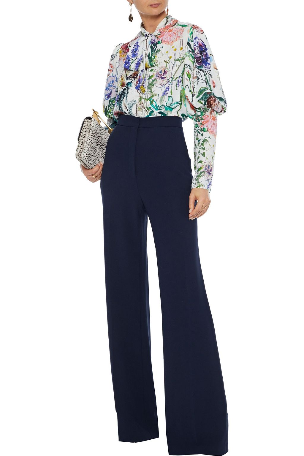 LELA ROSE Tie-neck printed crepe blouse