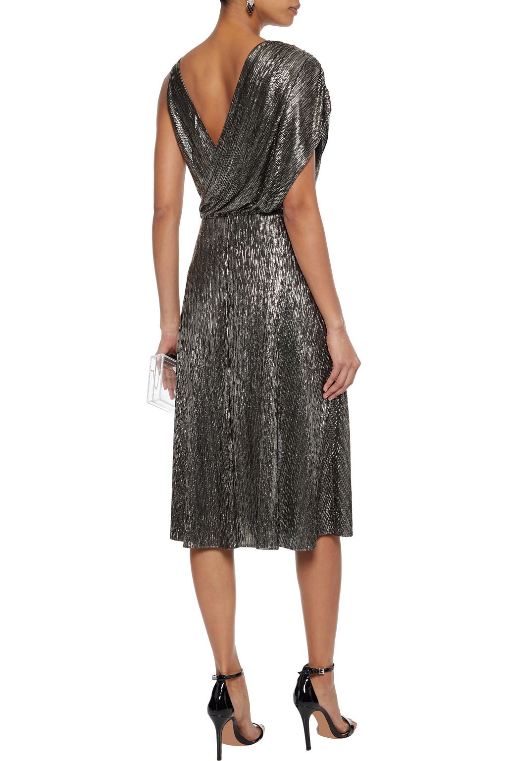 ALICE + OLIVIA Roxy asymmetric draped metallic jersey midi dress