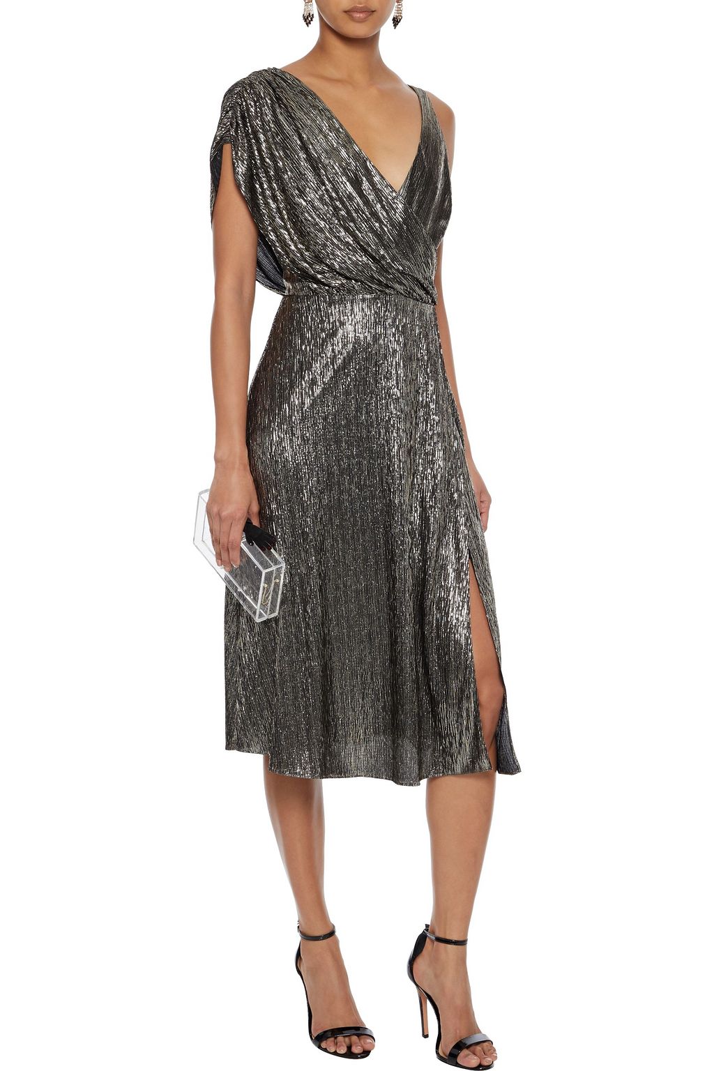 ALICE + OLIVIA Roxy asymmetric draped metallic jersey midi dress