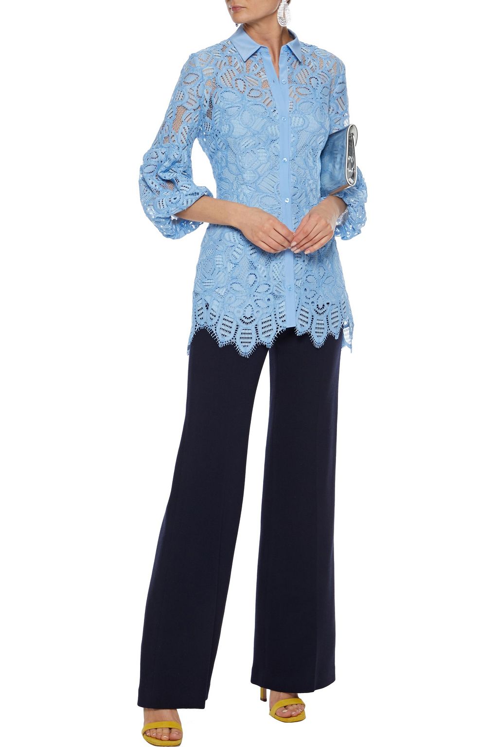 LELA ROSE Crepe de chine-trimmed corded lace shirt