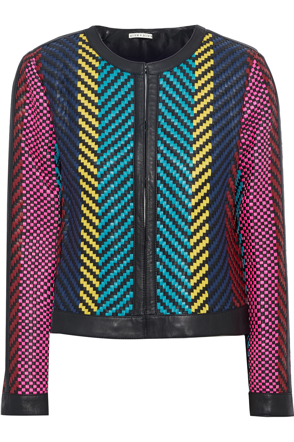 Alice + Olivia Woman Kidman Woven Leather Jacket Black Size L