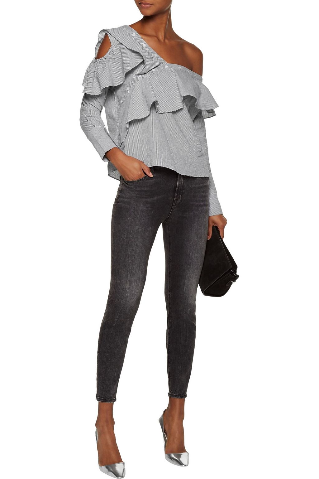 WALTER BAKER Anabela one-shoulder ruffled striped cotton blouse