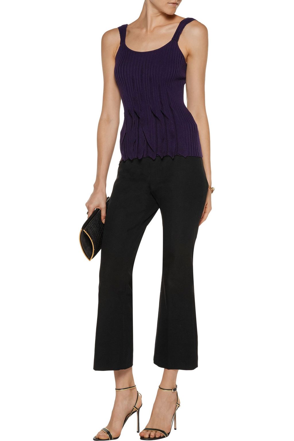 VALENTINO GARAVANI Ruffled ribbed wool, silk and cashmere-blend tank