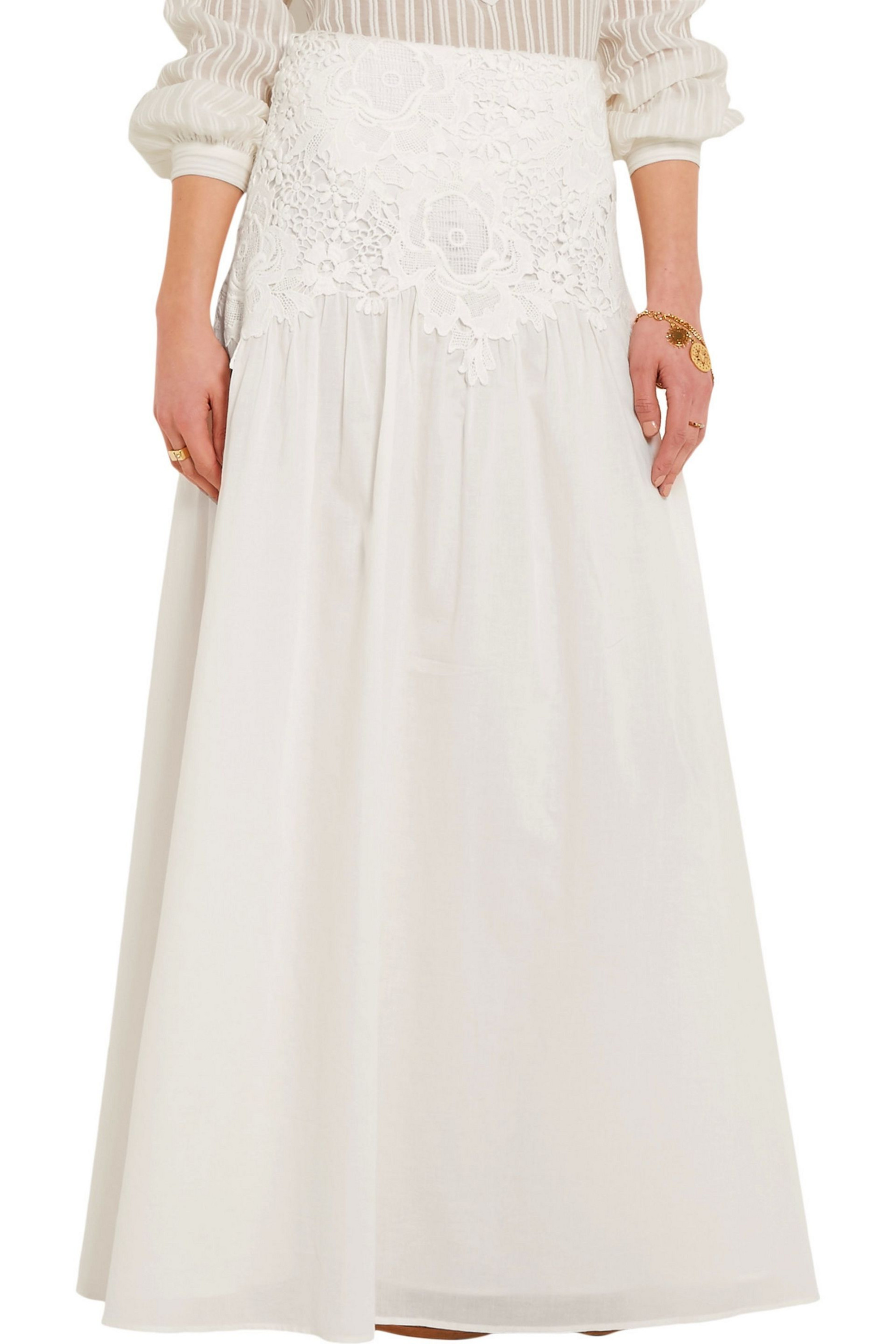 See By Chloé Pleated paneled cotton-poplin and lace maxi skirt
