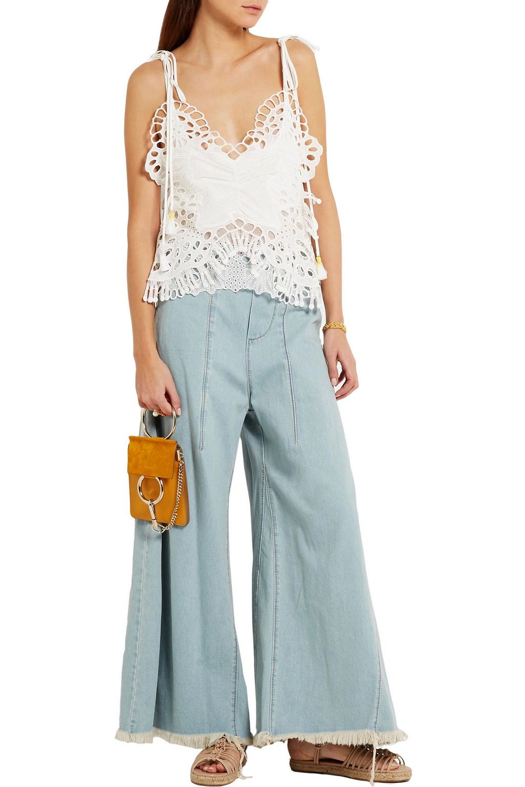 CHLOÉ Tasseled broderie anglaise and tulle-paneled linen-blend camisole