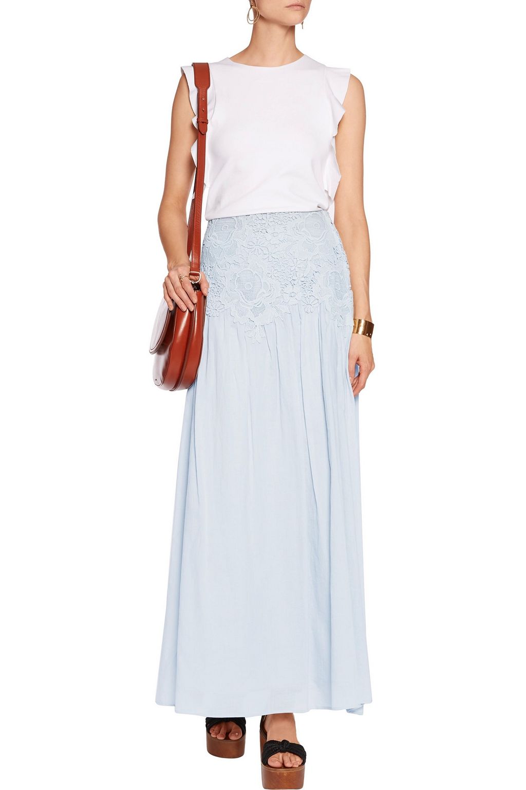 SEE BY CHLOÉ Pleated paneled cotton-poplin and lace maxi skirt