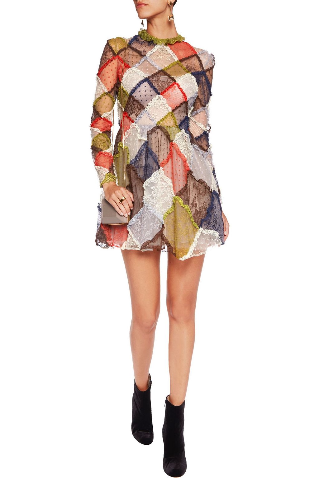 VALENTINO GARAVANI Patchwork lace and Swiss-dot tulle mini dress