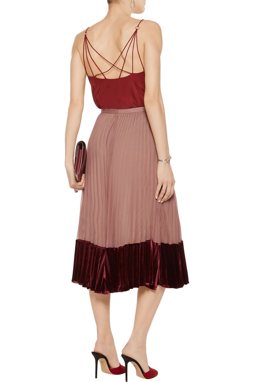 VALENTINO GARAVANI Velvet-paneled pleated silk crepe de chine midi skirt