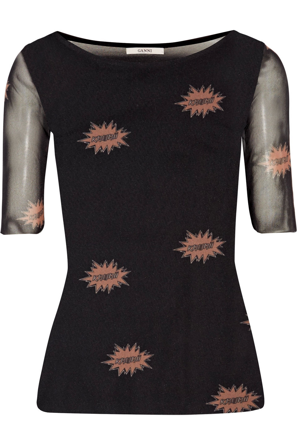 ganni - printed tulle t-shirt - black - xs