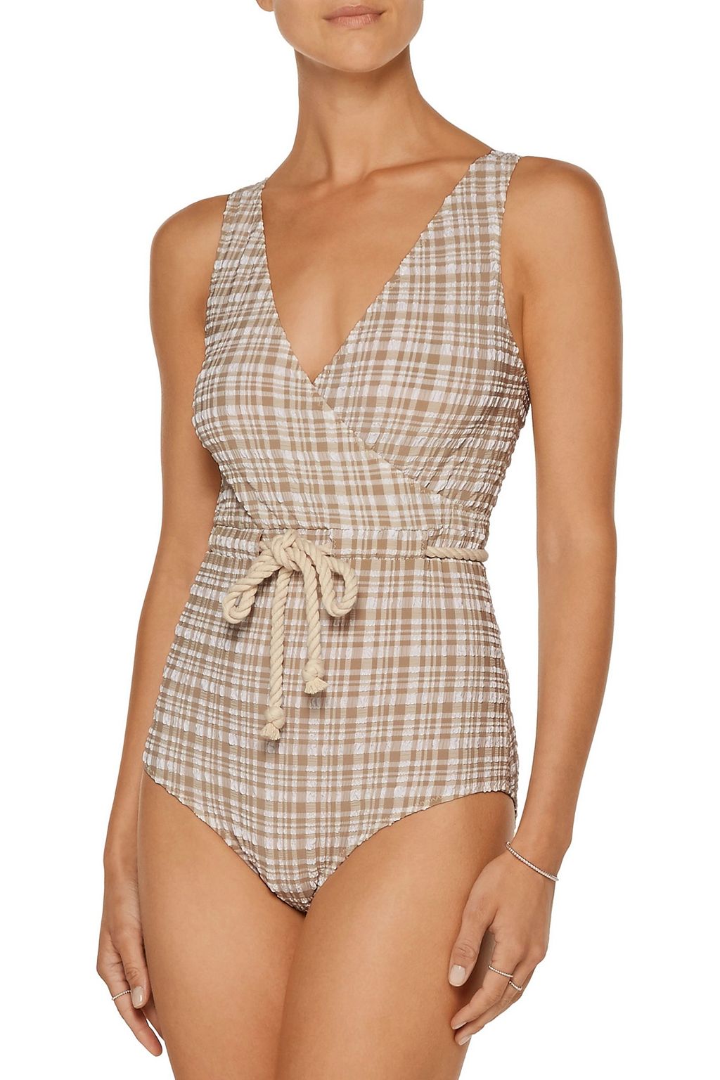 LISA MARIE FERNANDEZ Yasmin wrap-effect checked seersucker swimsuit