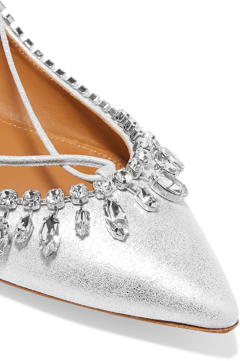 AQUAZZURA Christy crystal-embellished metallic leather point-toe flats