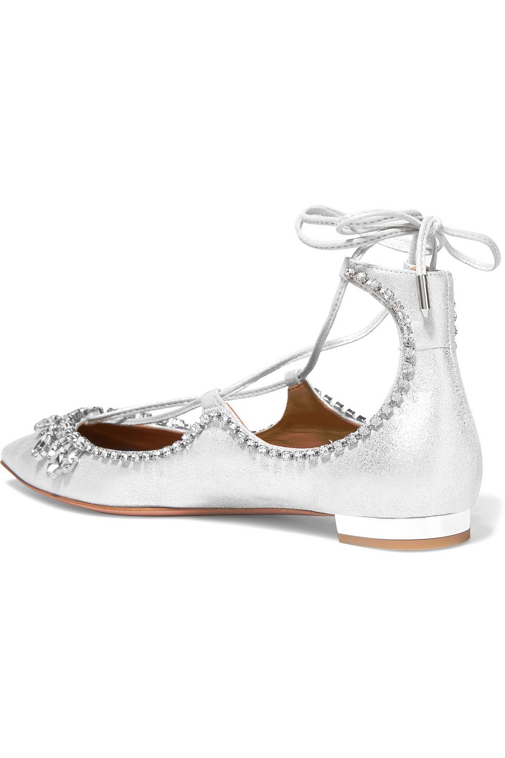 AQUAZZURA Christy crystal-embellished metallic leather point-toe flats