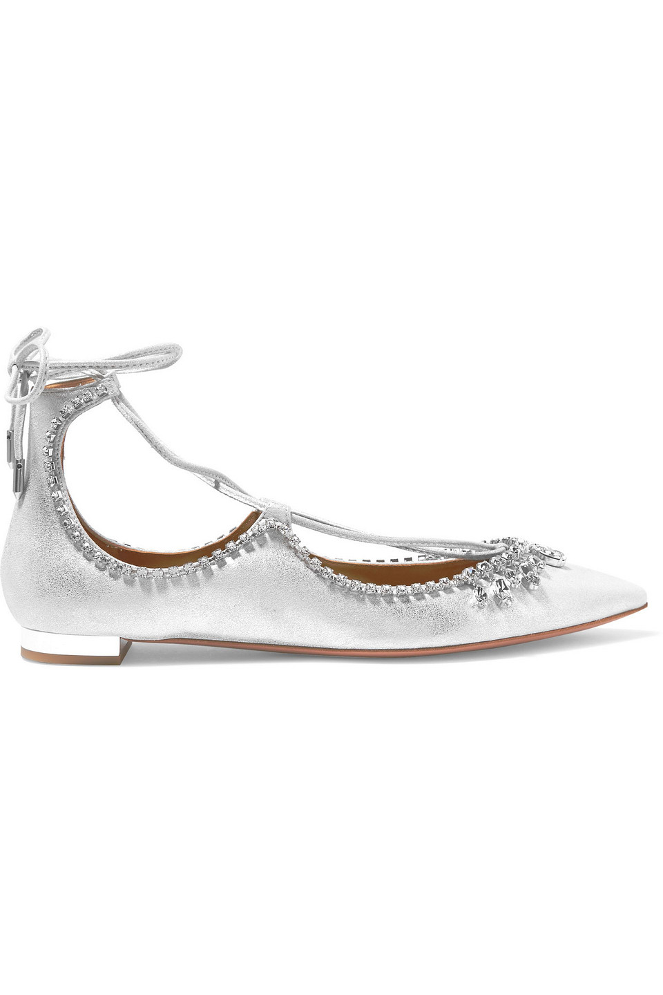 Aquazzura Woman Christy Crystal-embellished Metallic Leather Point-toe Flats Silver Size 39.5