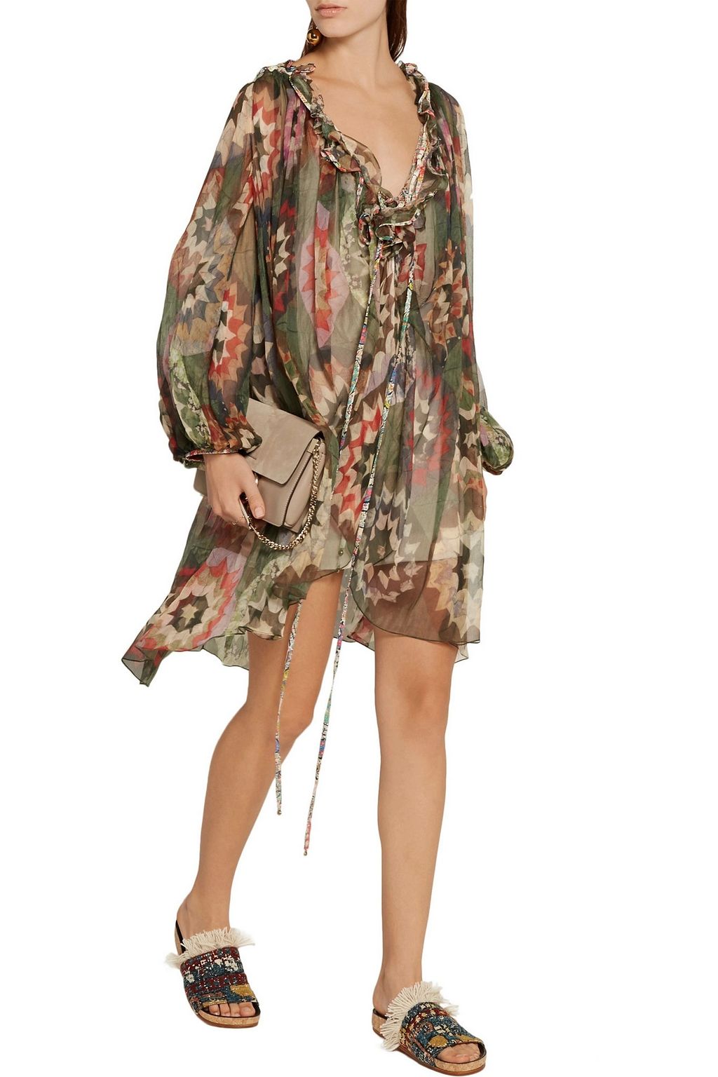 CHLOÉ Cutout ruffle-trimmed printed silk-georgette mini dress