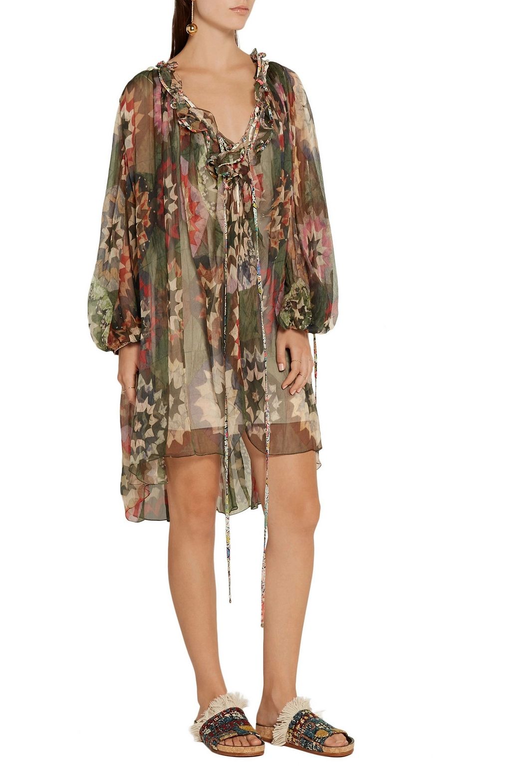 CHLOÉ Cutout ruffle-trimmed printed silk-georgette mini dress