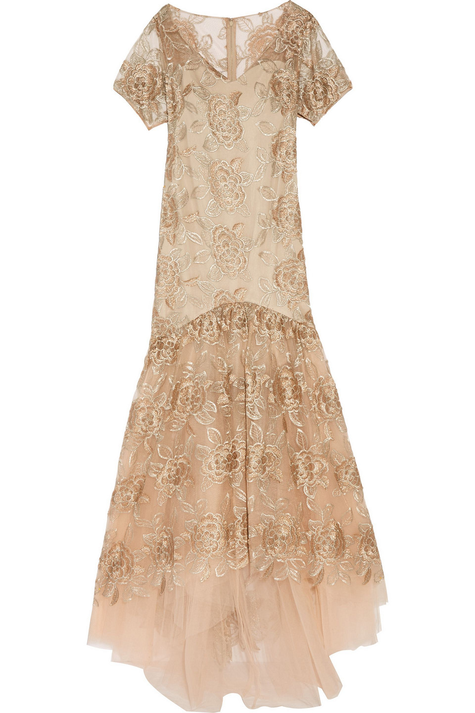 Mikael Aghal Fluted Floral Embroidered Tulle Gown In Brown