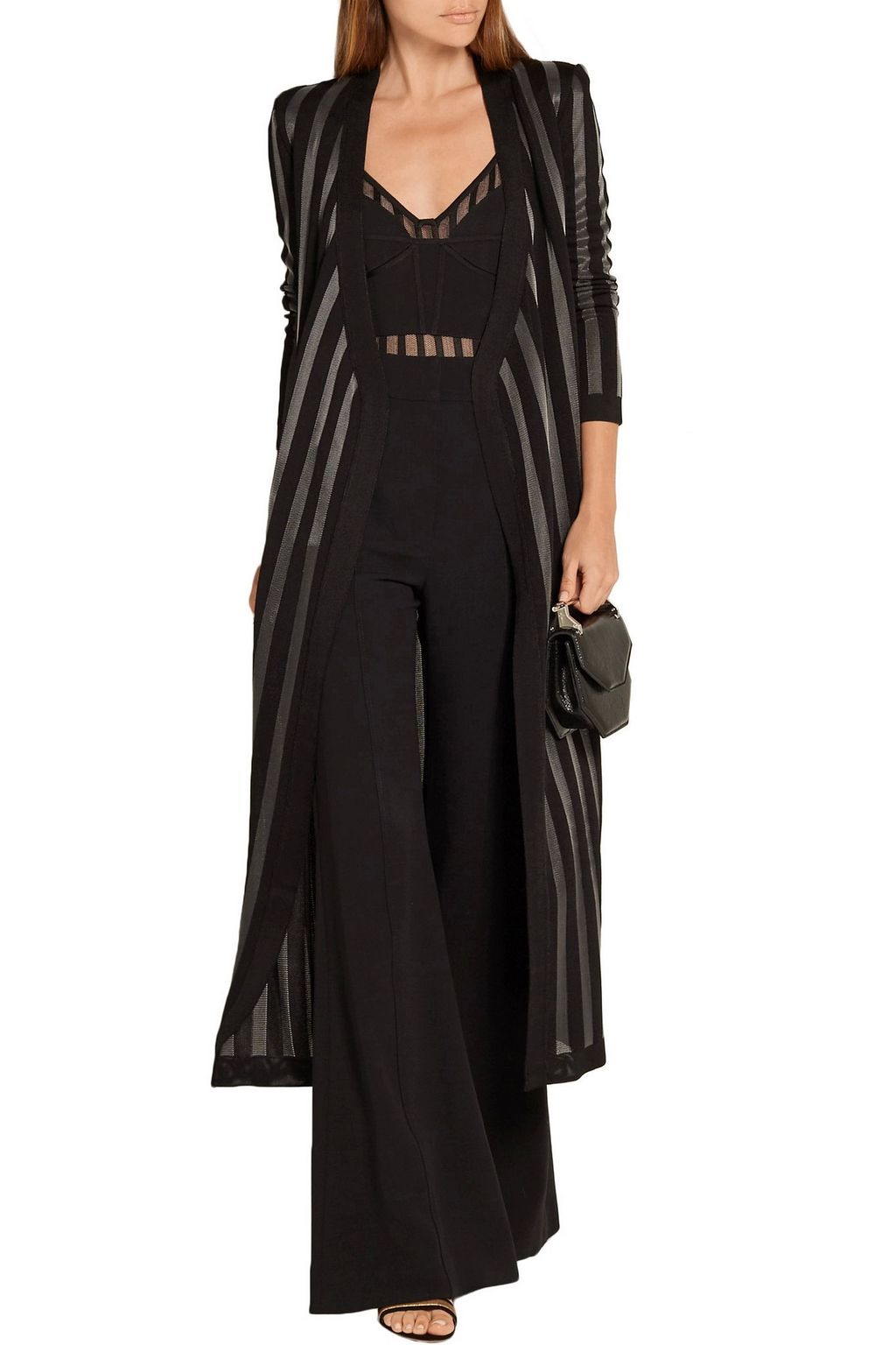 BALMAIN Striped tulle-paneled stretch-jersey bodysuit
