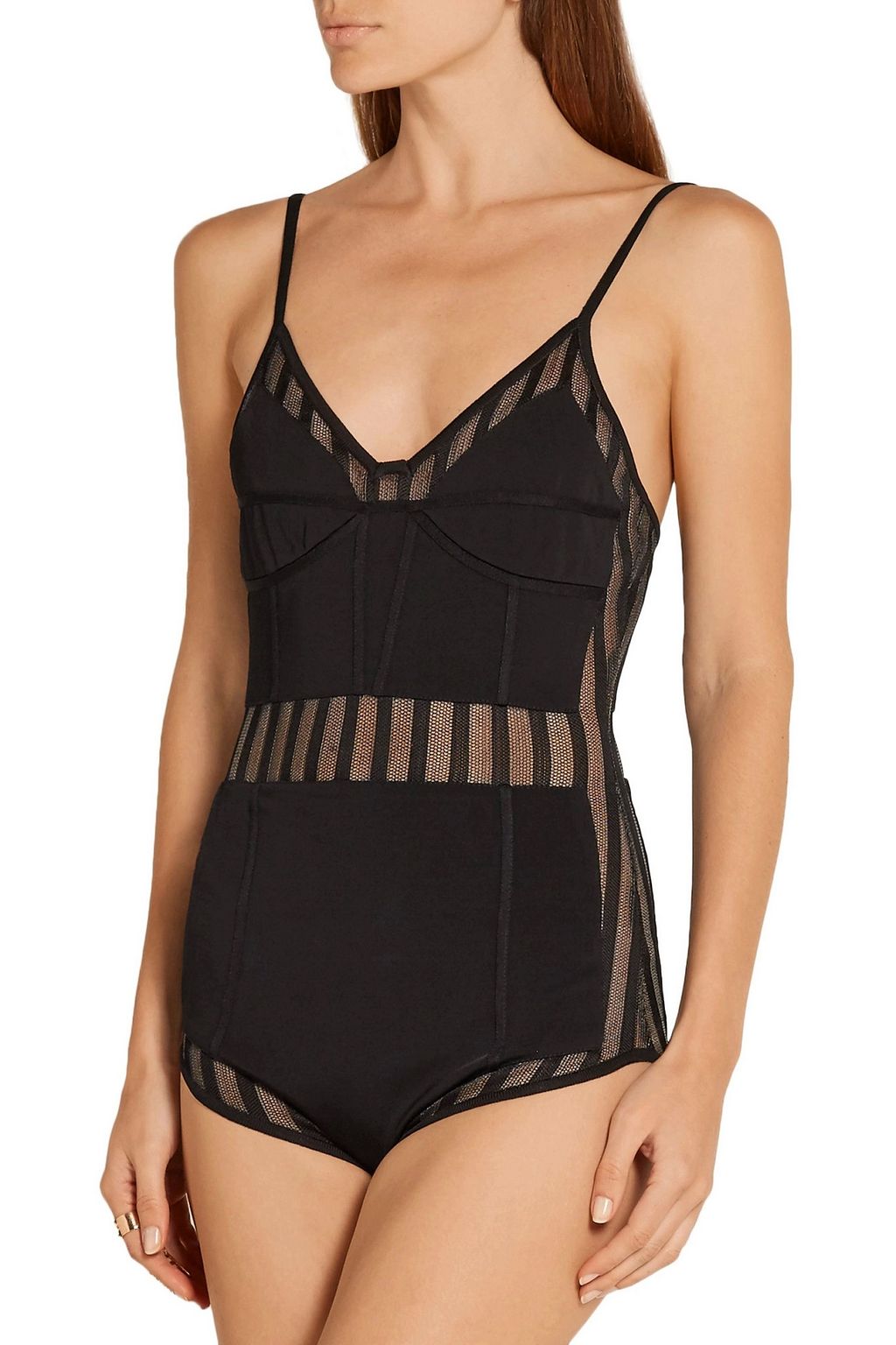 BALMAIN Striped tulle-paneled stretch-jersey bodysuit