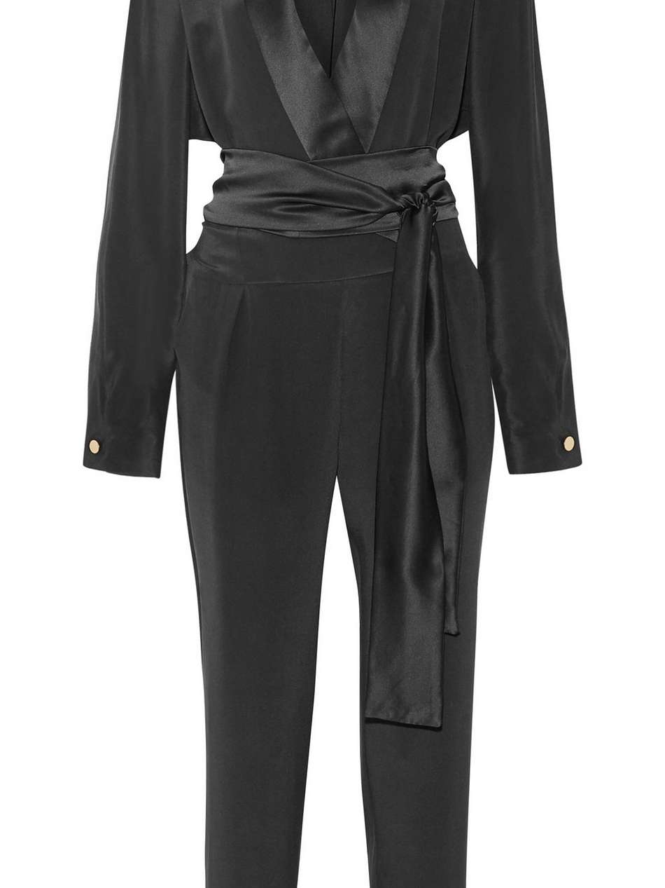 wrap-effect satin-trimmed silk crepe de chine jumpsuit