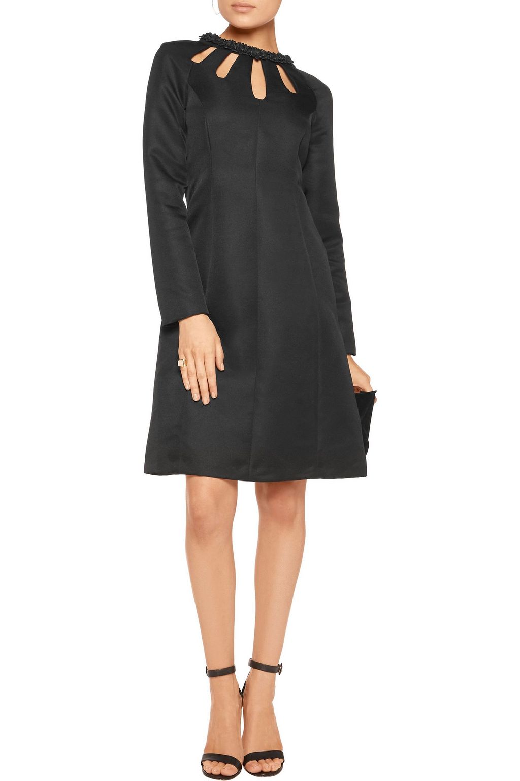 MIKAEL AGHAL Cutout faux leather-trimmed floral-appliquéd twill dress