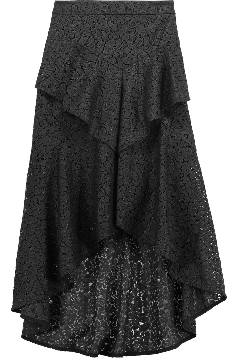 rebecca vallance - asymmetric ruffled corded lace midi skirt - black - uk/au 6