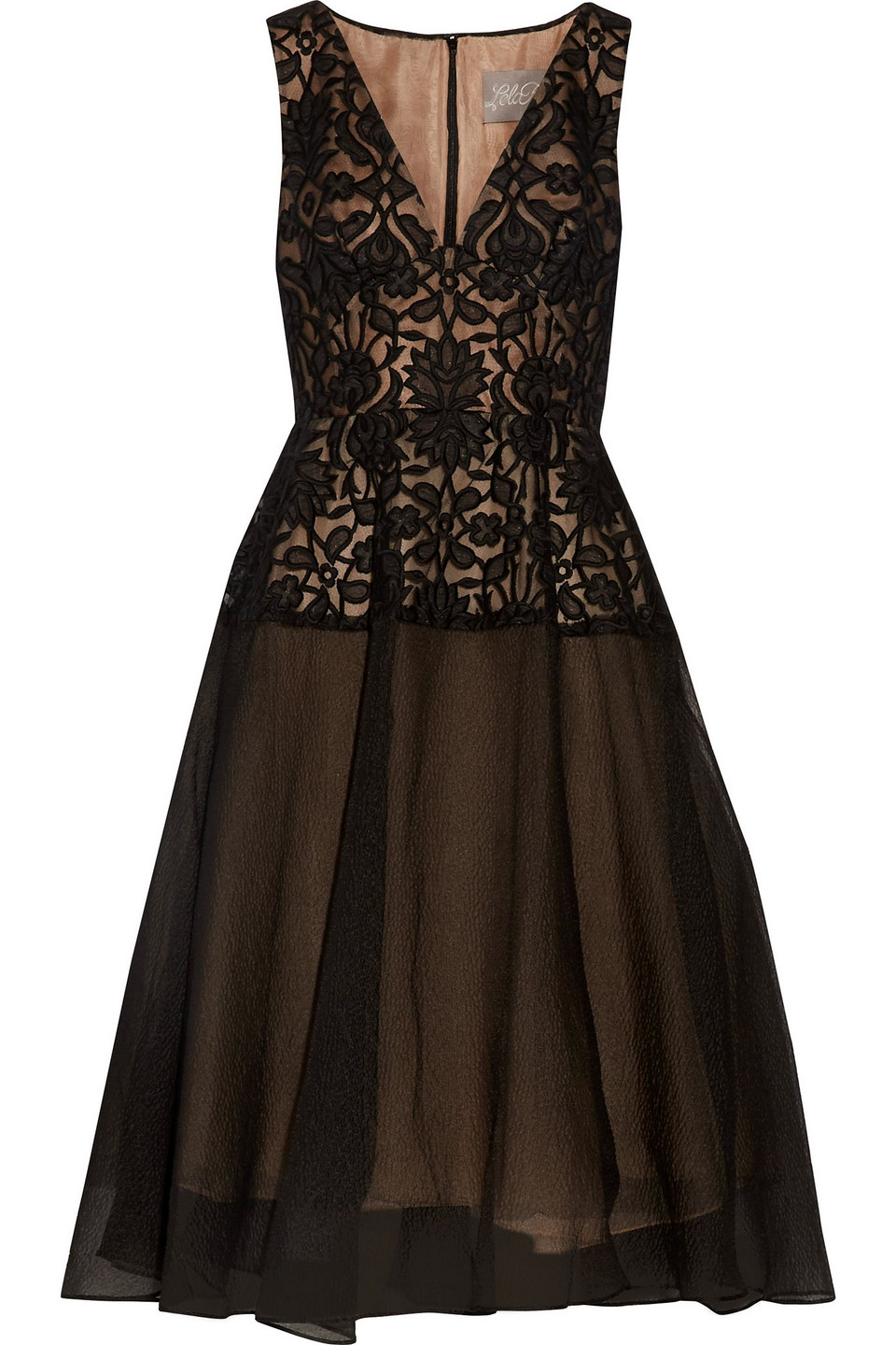 lela rose - guipure lace-paneled and silk-blend cloqué midi dress - black - us 6