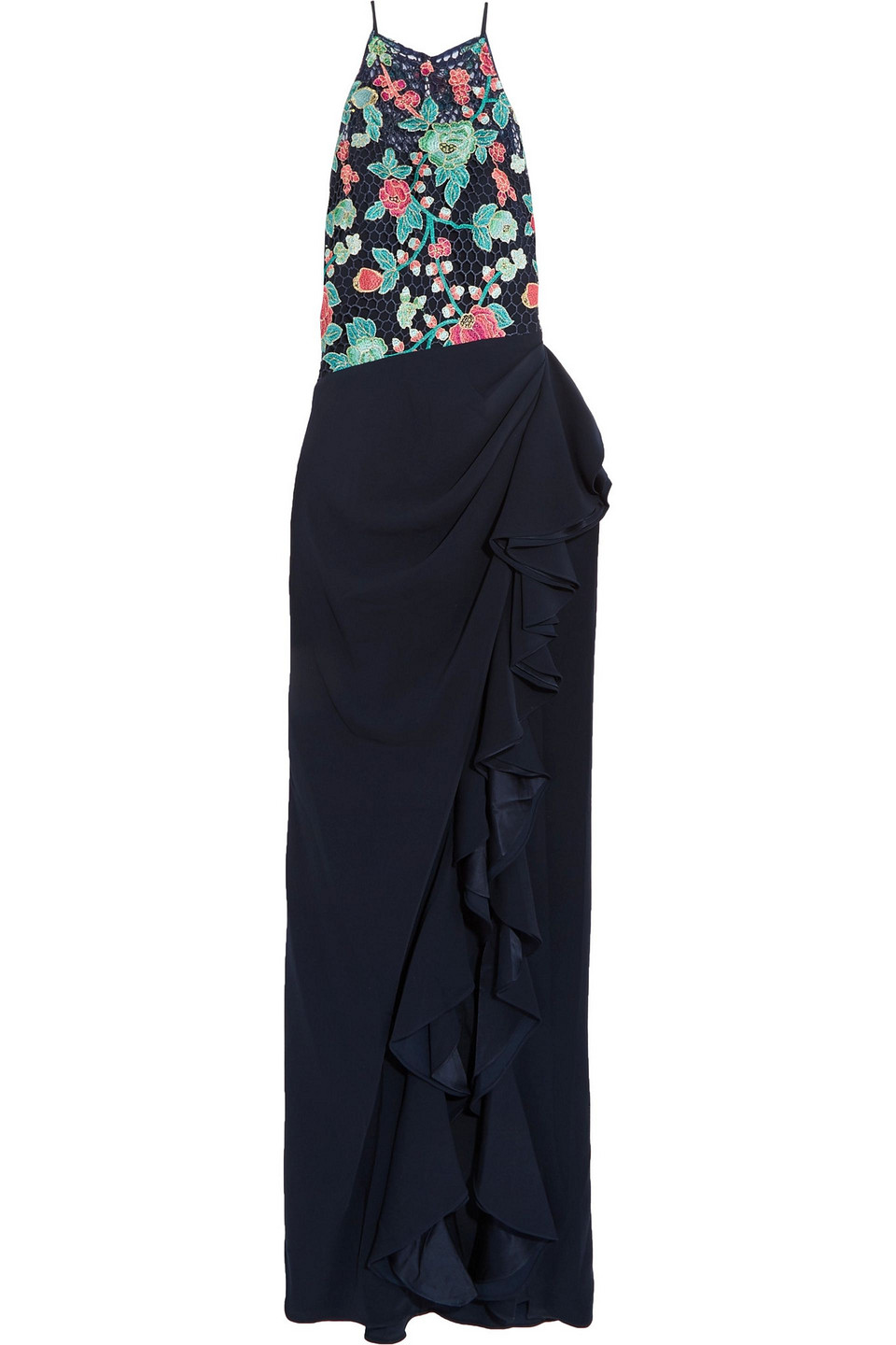 badgley mischka - embroidered mesh and stretch-crepe gown - blue - us 2