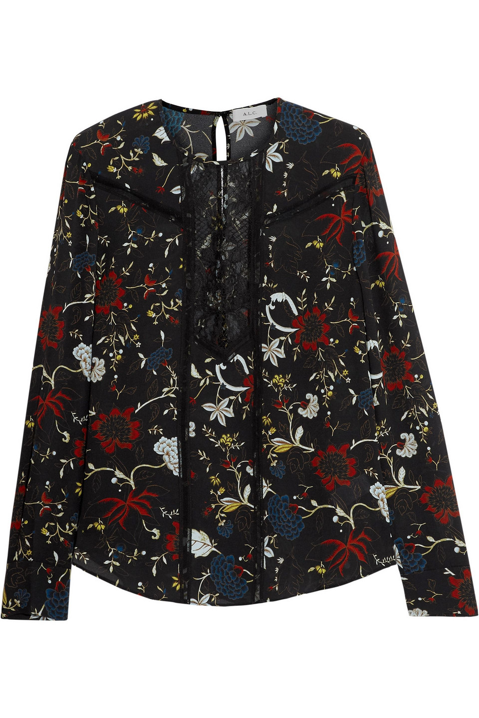 A.l.c Lace-paneled Printed Silk-crepe Blouse In Black