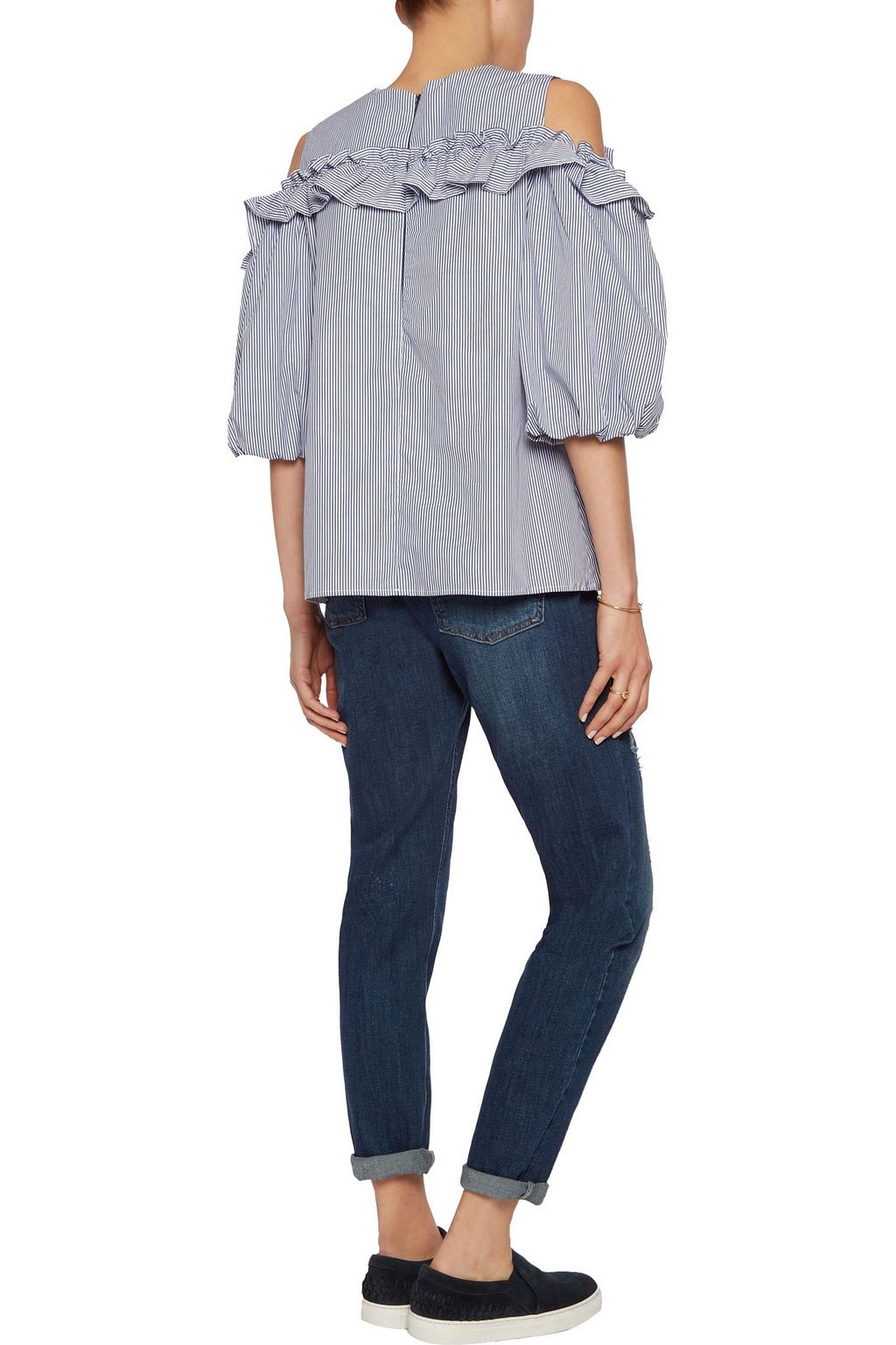 IRIS & INK Shannon cold-shoulder ruffled striped cotton-poplin top