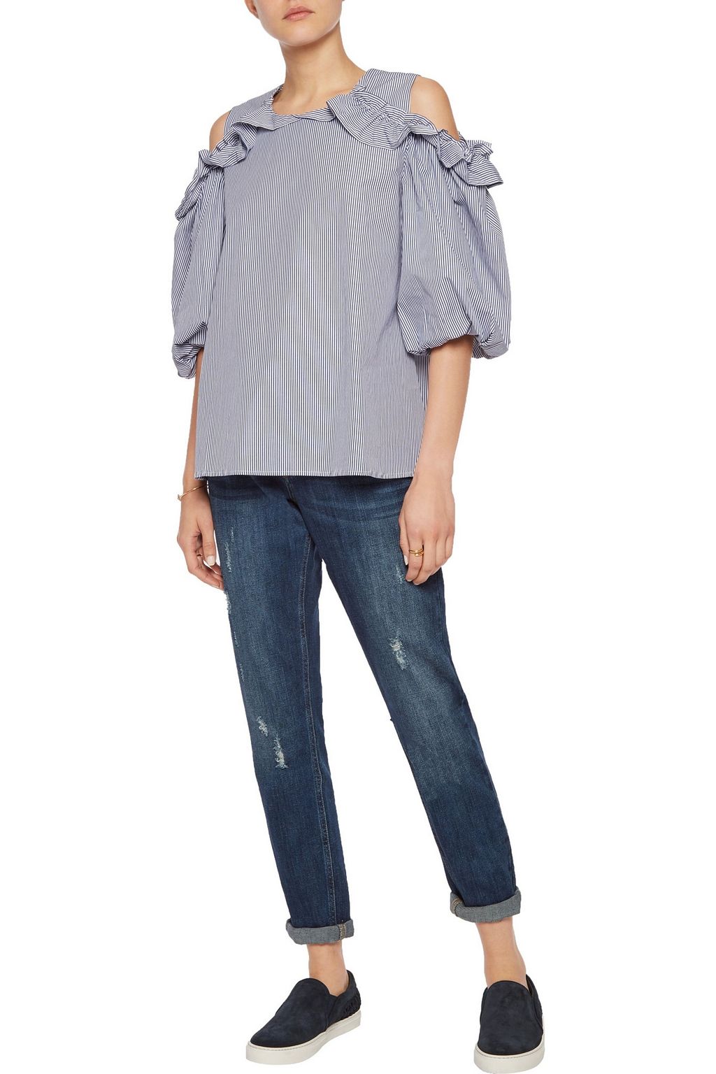 IRIS & INK Shannon cold-shoulder ruffled striped cotton-poplin top