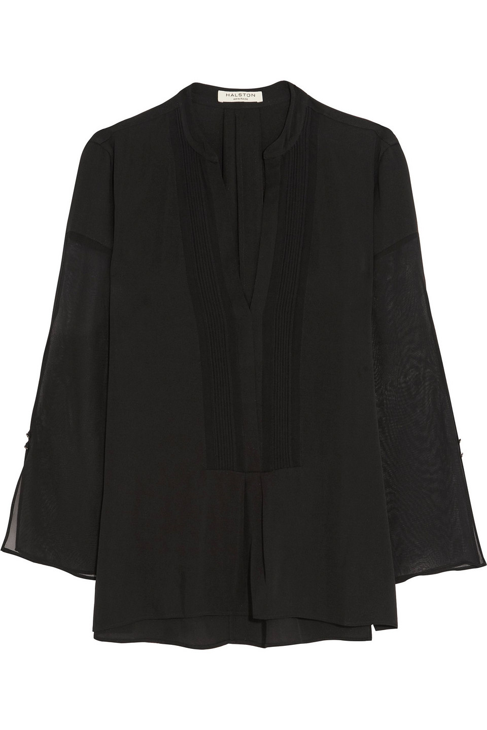 halston - fluted sleeve pintucked silk-blend top - black - us 4