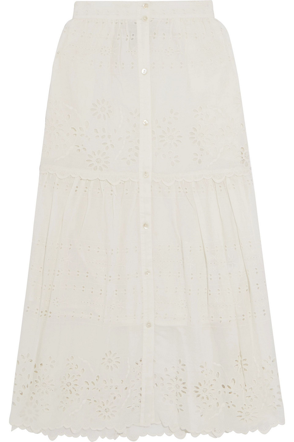 sea - gathered broderie anglaise cotton-voile midi skirt - white - us 2