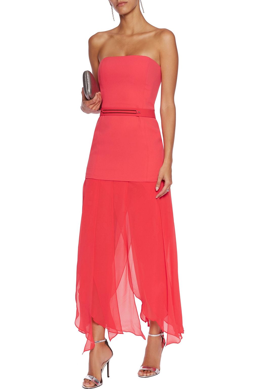 HALSTON Belted paneled crepe and chiffon gown