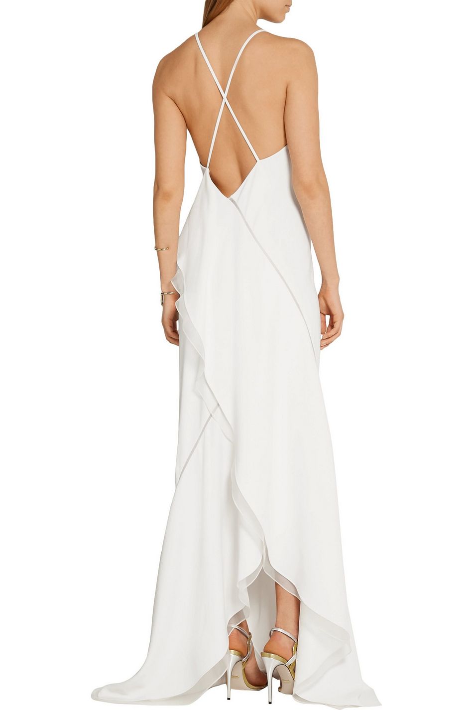 White Asymmetric Silk Organza Trimmed Stretch Cady Gown Sale Up
