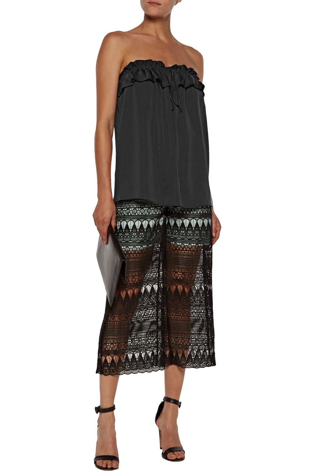 MILLY April strapless ruffled silk-blend top