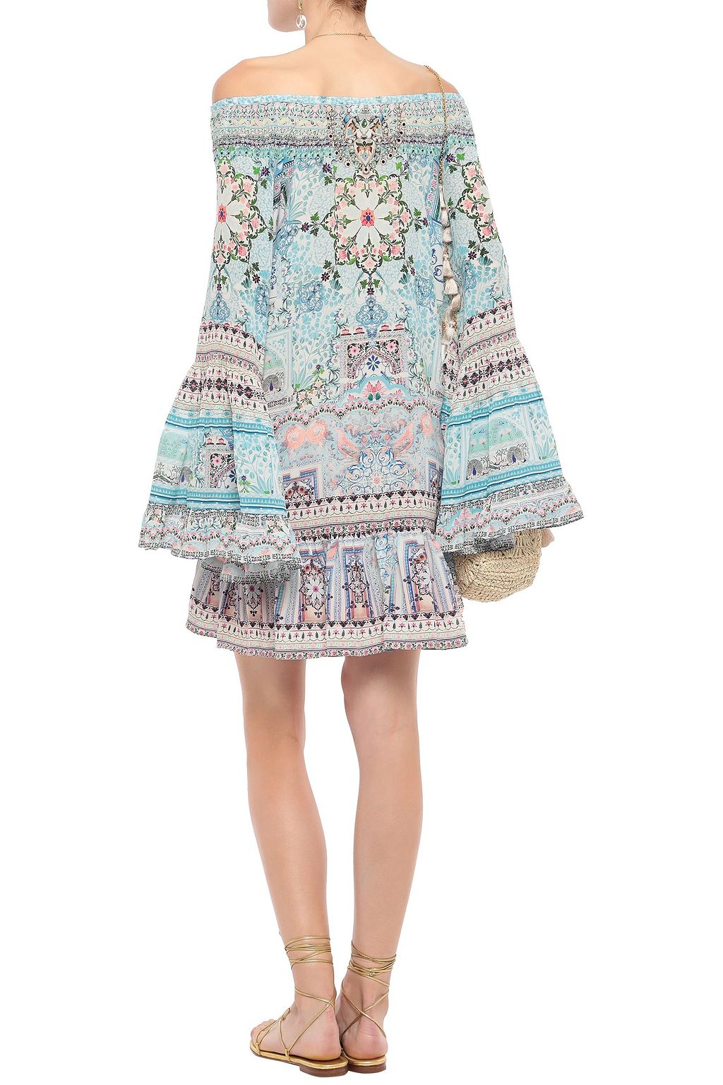 CAMILLA Off-the-shoulder crystal-embellished printed silk crepe de chine mini dress