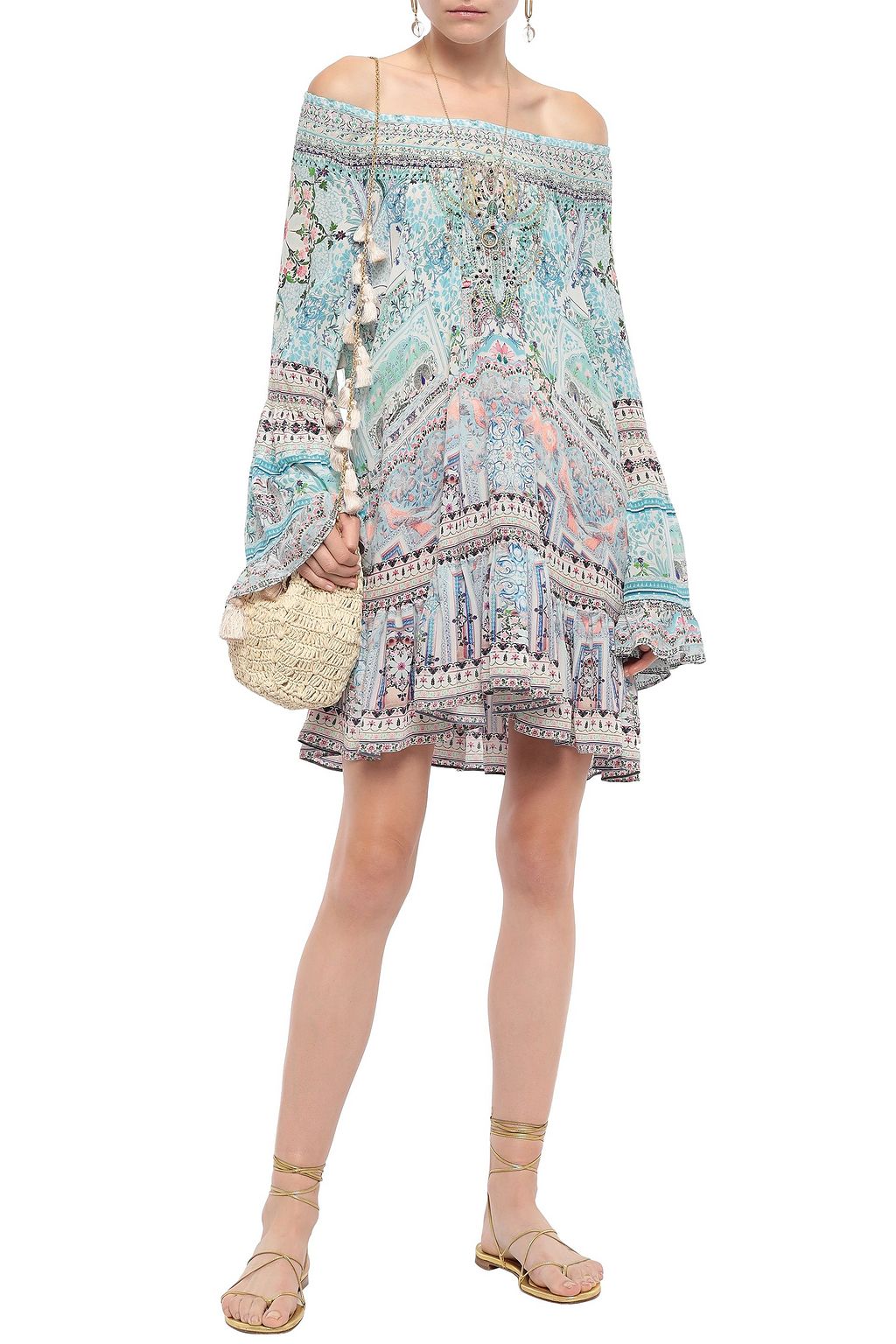 CAMILLA Off-the-shoulder crystal-embellished printed silk crepe de chine mini dress