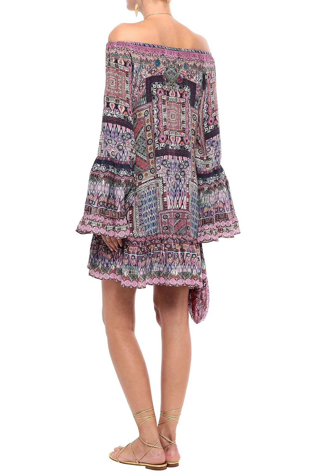 CAMILLA Off-the-shoulder crystal-embellished printed silk crepe de chine mini dress