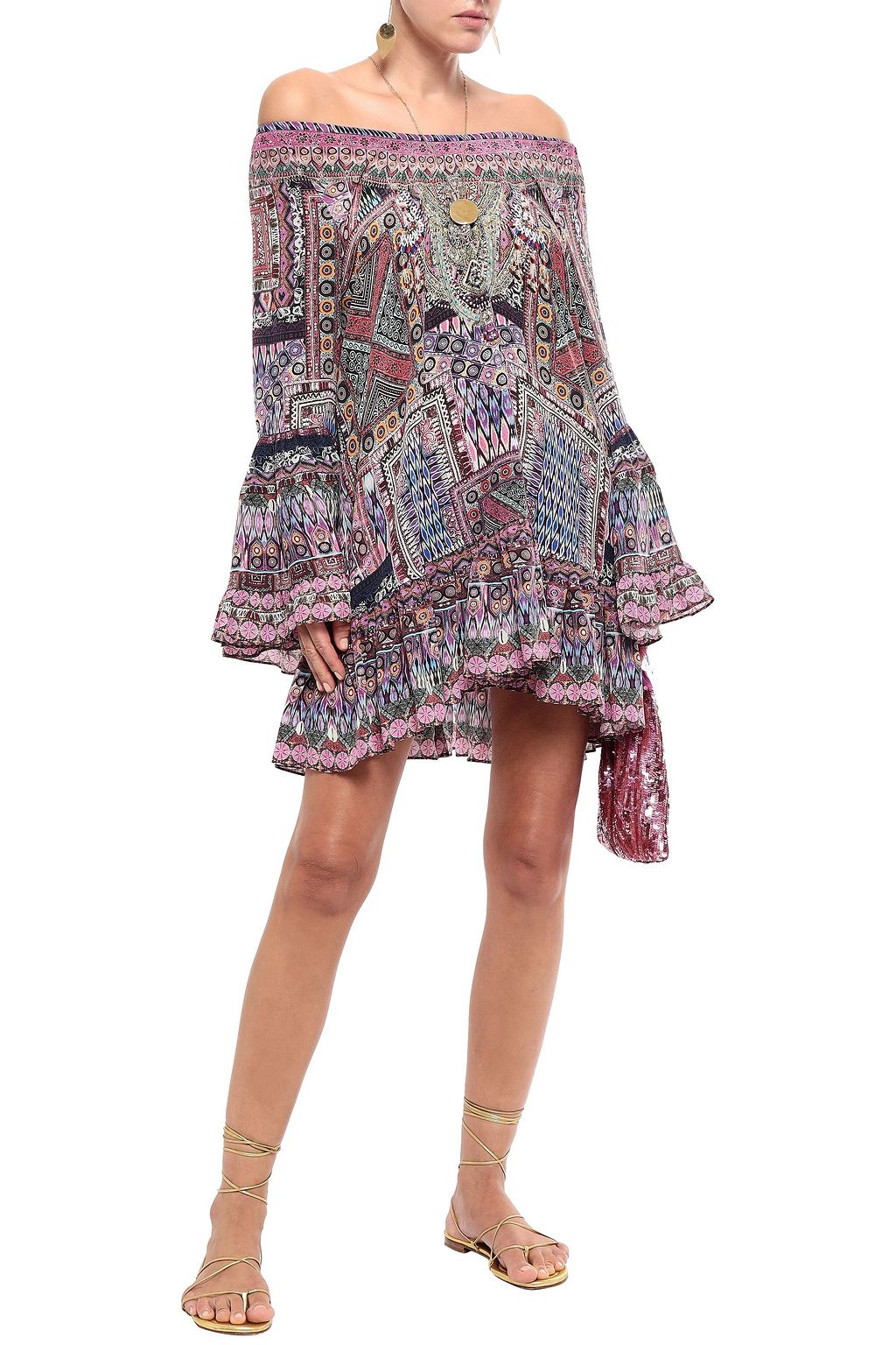 CAMILLA Off-the-shoulder crystal-embellished printed silk crepe de chine mini dress