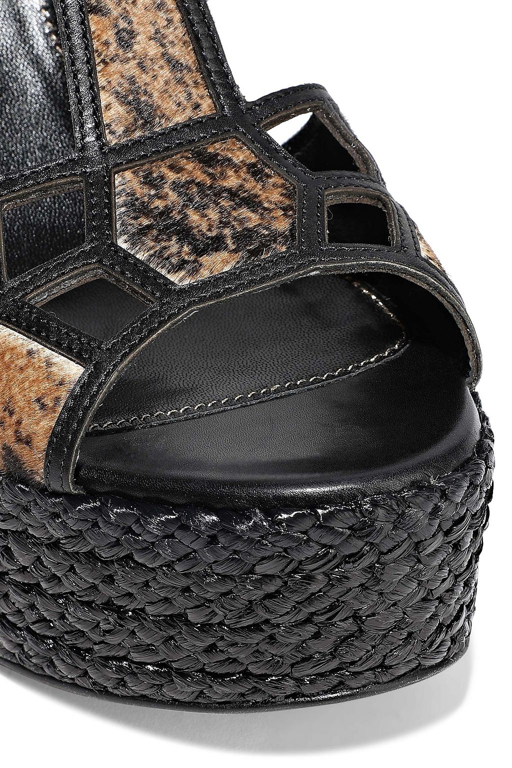 SERGIO ROSSI Easy Puzzle cutout leather and printed calf hair wedge sandals