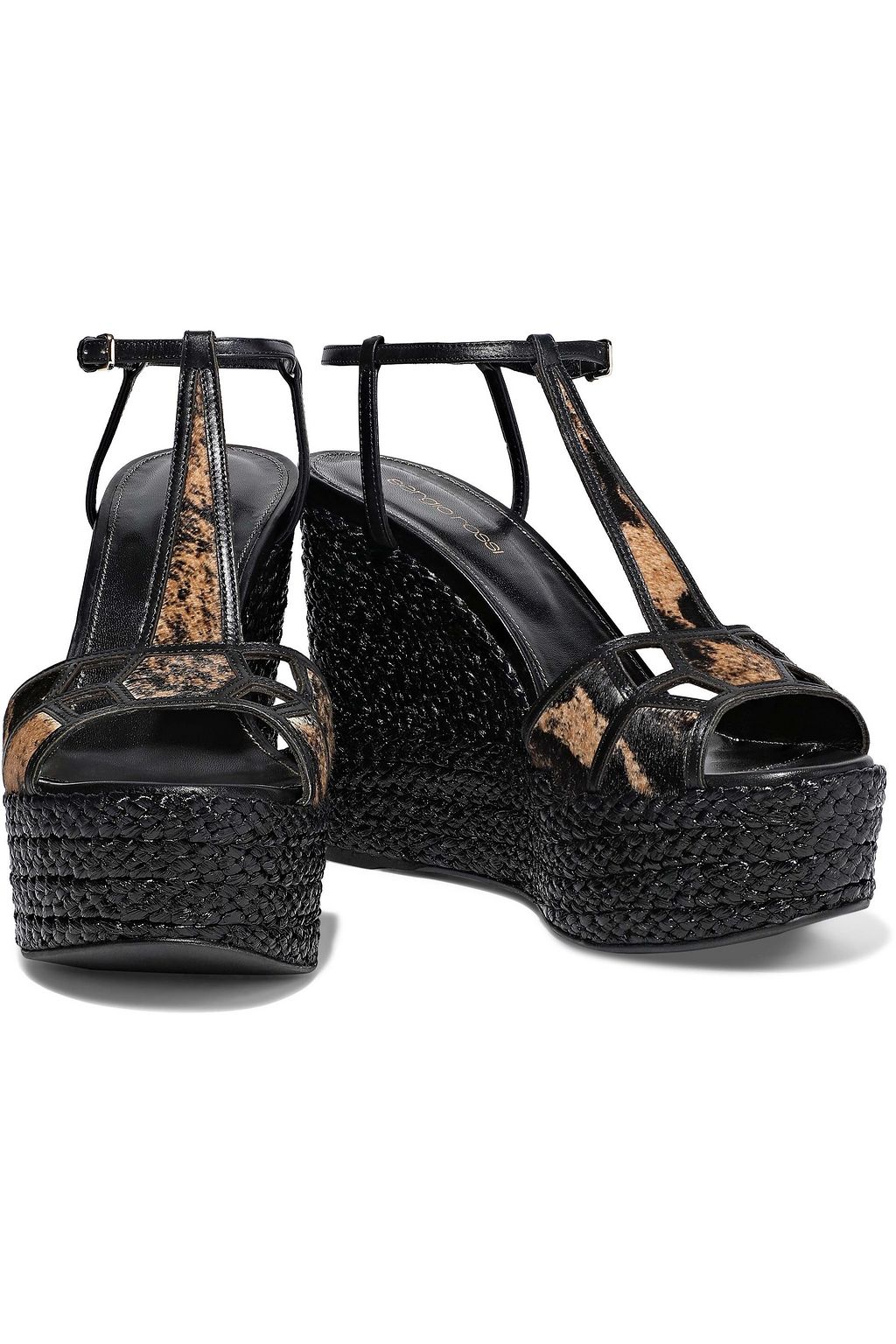 SERGIO ROSSI Easy Puzzle cutout leather and printed calf hair wedge sandals