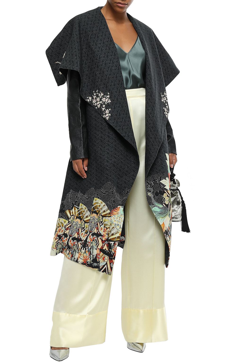 CAMILLA Midnight Moonchild leather-paneled embroidered printed wool-twill coat