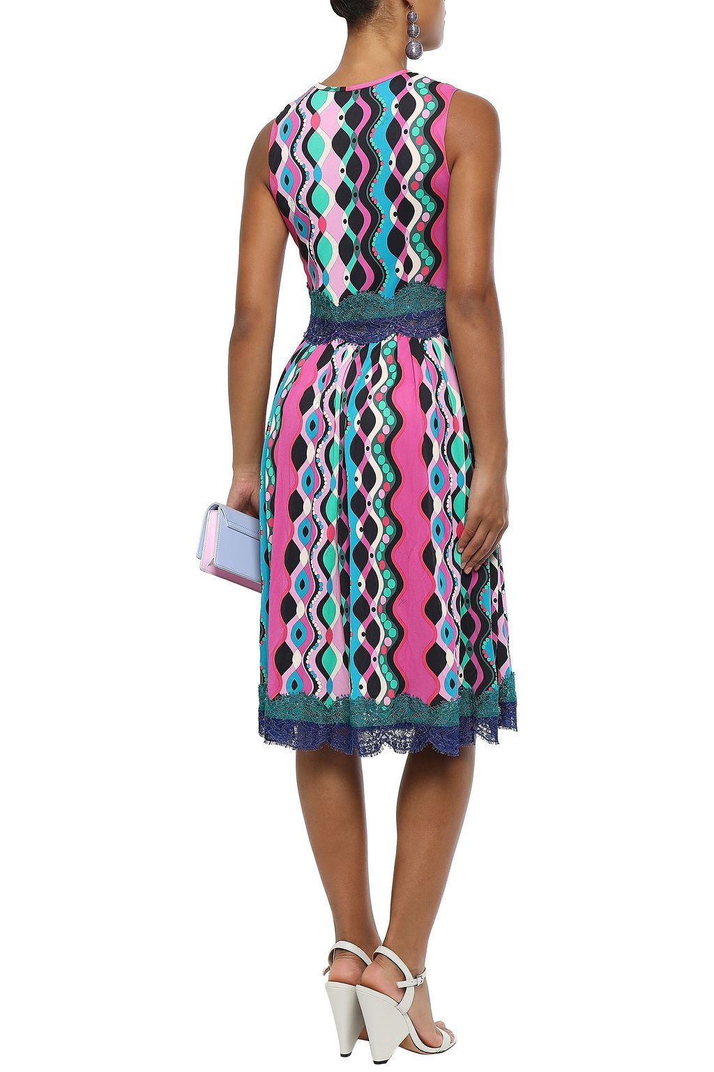 PUCCI Pleated lace-trimmed printed stretch-jersey midi dress
