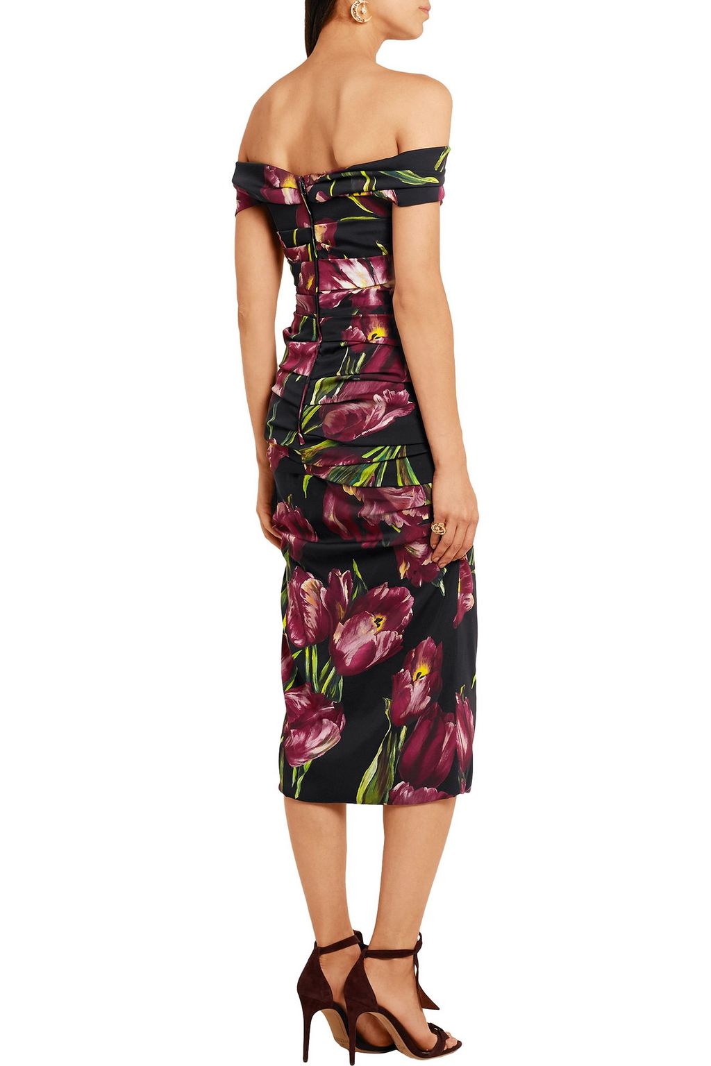 DOLCE&GABBANA Off-the-shoulder floral-print stretch-silk charmeuse dress
